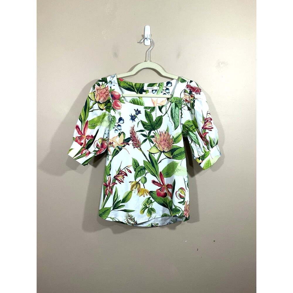 Chicos Womens Floral Sqare Neck Shirt White Size 0 (S/4) Tropical Beach Cruise